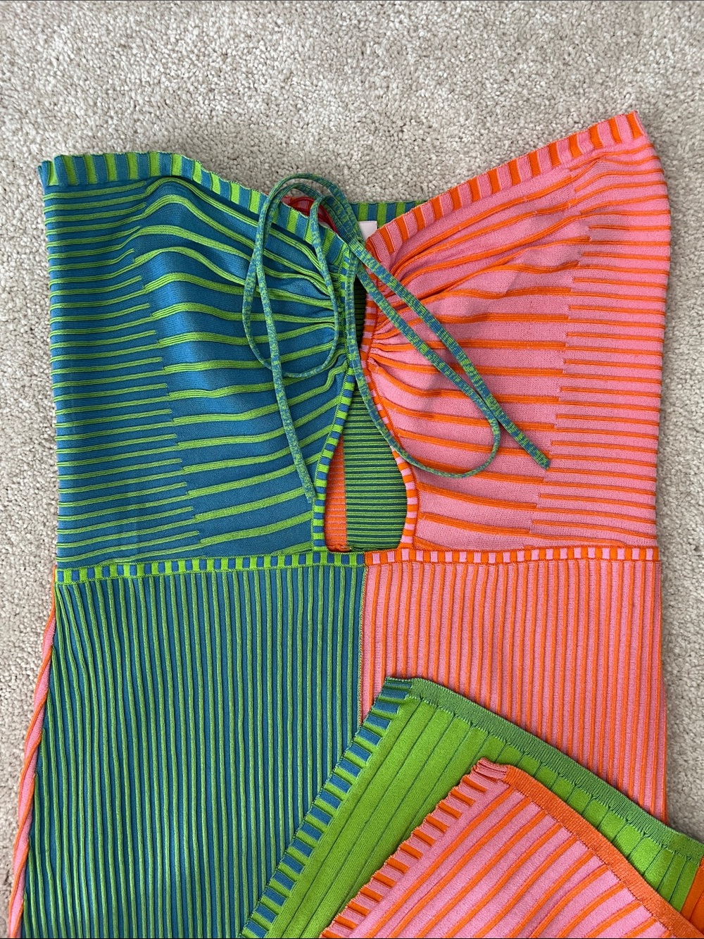 Solid & Striped Colorblock Strapless Ribbed Knit Dress - Pink, Green & Orange - Picture 2 of 6